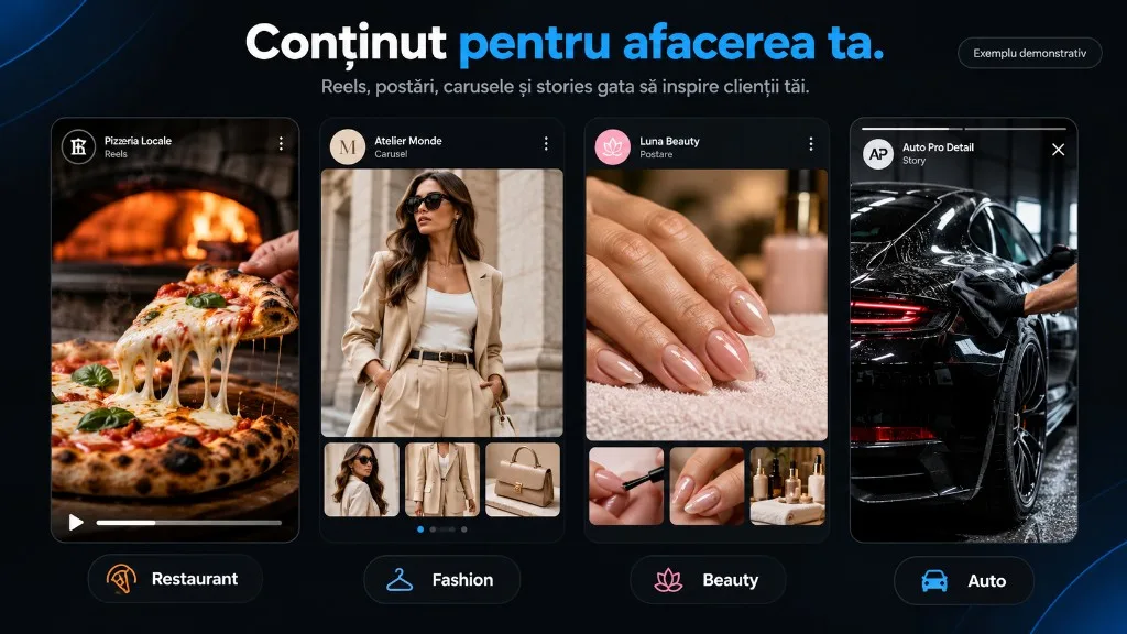 Exemple demonstrative: reel restaurant, carousel fashion, postare beauty și story auto detailing.