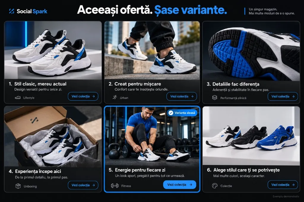 Șase variante de reclamă pentru același produs e-commerce, pentru teste A/B.