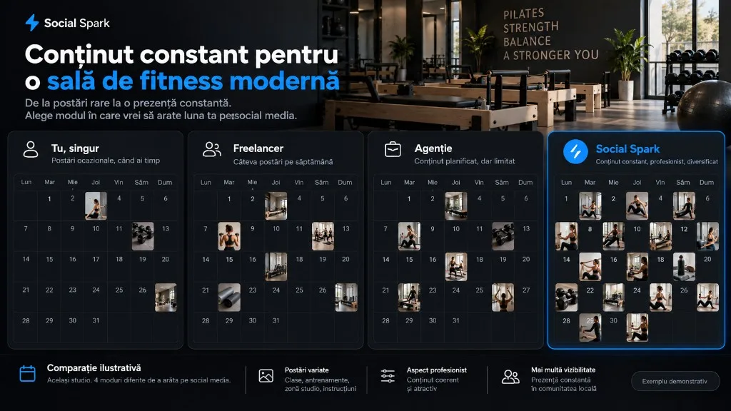 Comparație ilustrativă: același studio de fitness, patru ritmuri de postare pe lună.