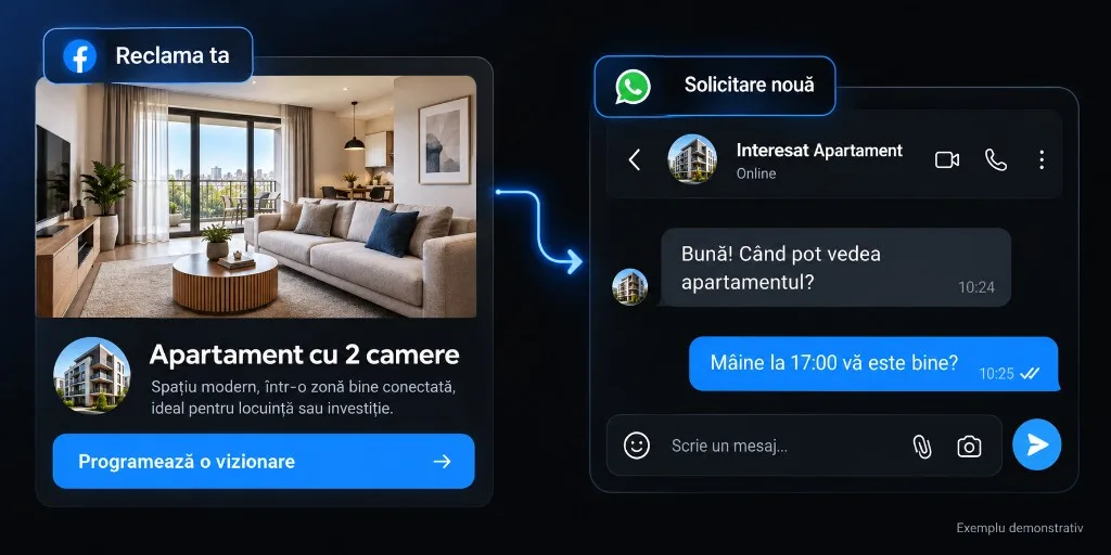 Reclamă pentru apartament și solicitare de vizionare pe WhatsApp — exemplu demonstrativ.