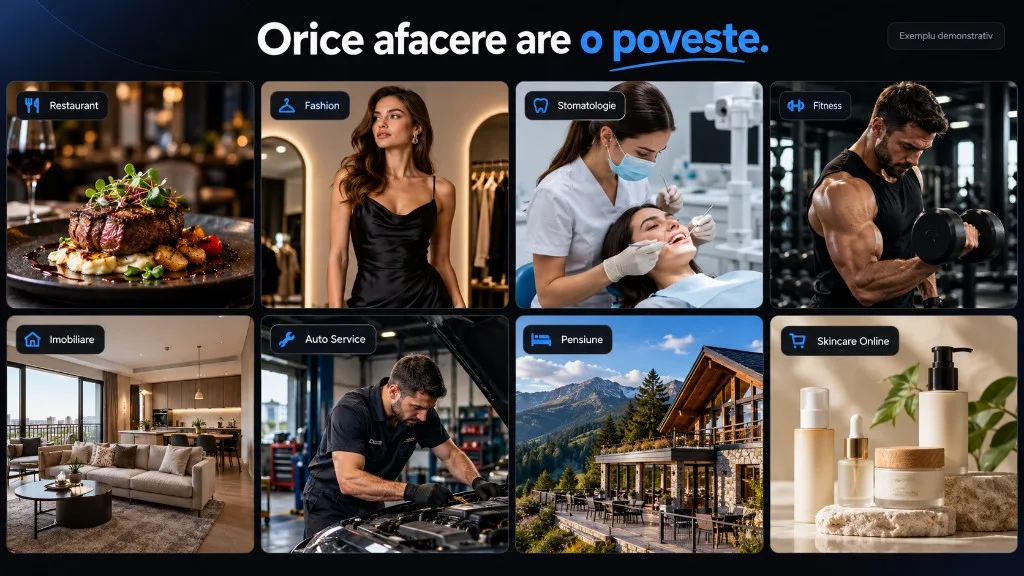 Galerie cu opt tipuri de afaceri: restaurant, fashion, stomatologie, fitness, imobiliare, auto, pensiune, skincare.