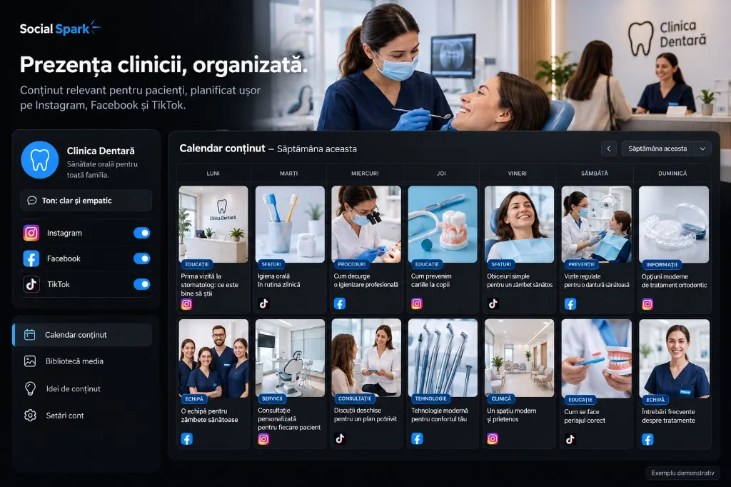Calendar editorial pentru o clinică dentară, cu brand și platforme conectate — exemplu demonstrativ.