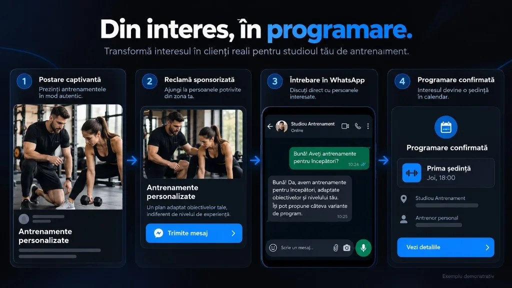 Parcursa demonstrativ: de la postare și reclamă la mesaj și programare într-un studio de fitness.