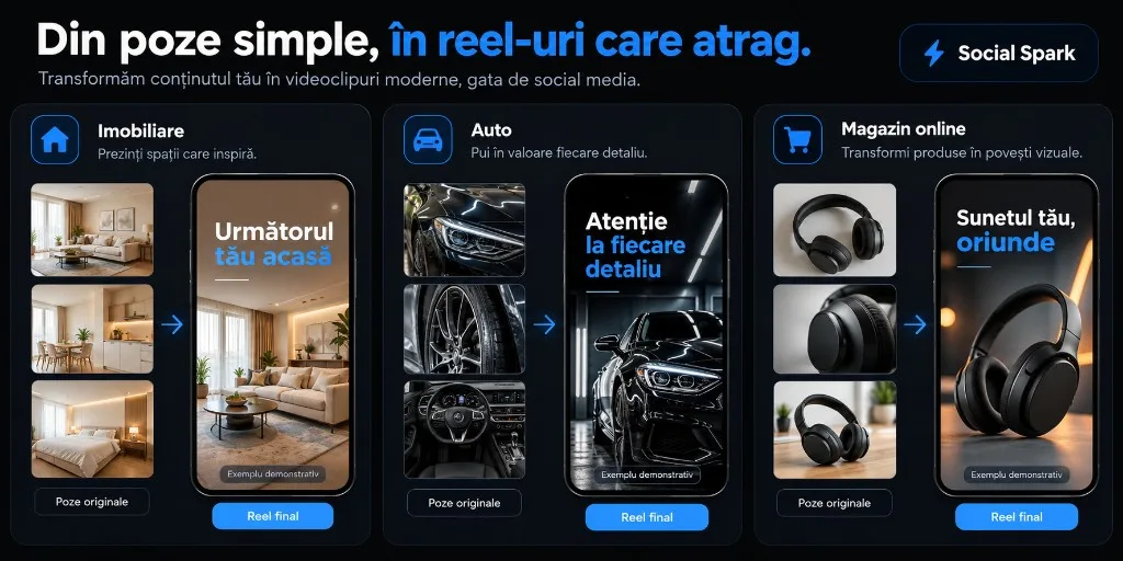 Transformări din fotografii în previzualizări de reel: imobiliare, auto și e-commerce.